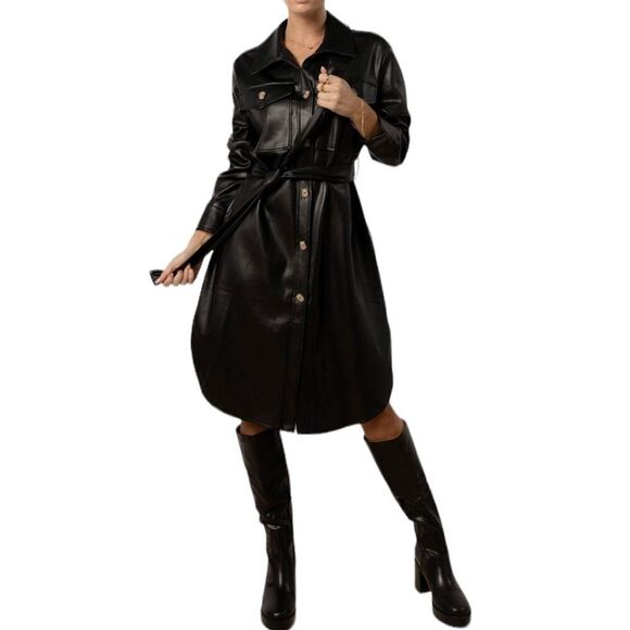 Bohme Black Vegan Leather Button Front Corpcore Goth Fall Midi Dress Jacket - Picture 8 of 13